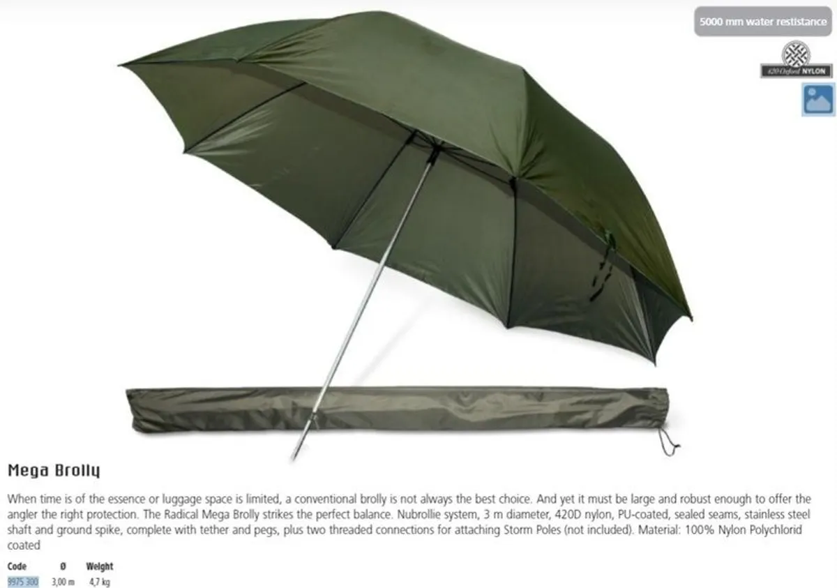 NEW - Radical Mega Brolly 3m, Waterproof 5000mm - Pike Perch Trout Salmon Bass Cod Pollock Carp Tench Bream Roach Feeder Method Umbrella Bivy Tent - Image 2