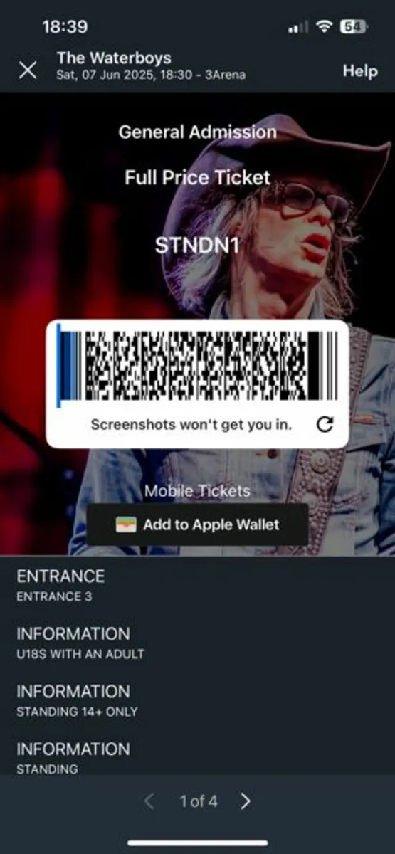 Waterboys 7th June Standing 4x€56 (cost) ONO