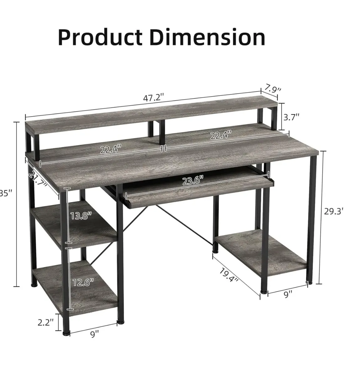 47" Computer Desk with Keyboard Tray, Home Office - Image 3