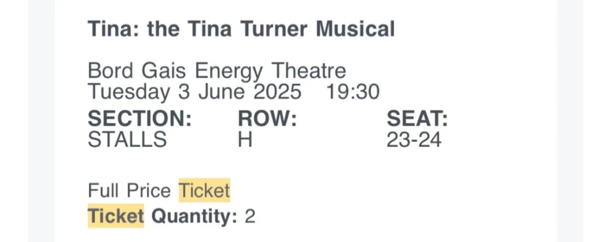 2 Fab Tix Tina Turner Musical Tues 3rd June