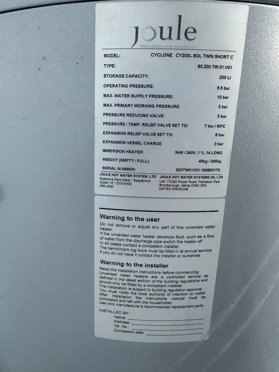 Joule Solar Hot water tank 200 Litres - Image 2