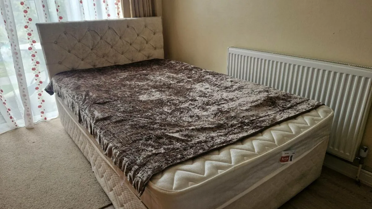 Double bed with beige velvet frame. FREE DELIVERY - Image 1