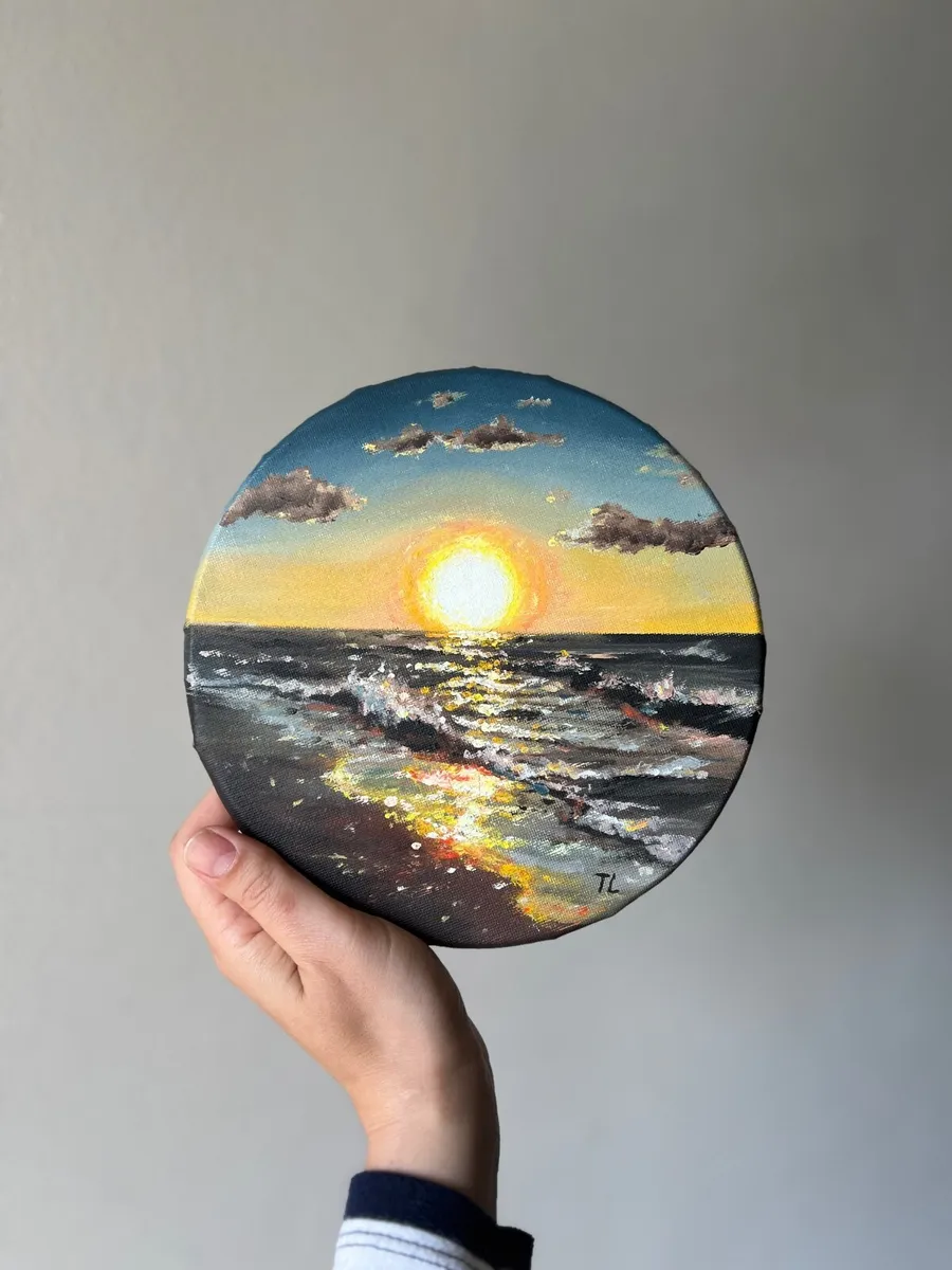 ORIGINAL OIL Painting Seascape Artwork Small Round - Image 2