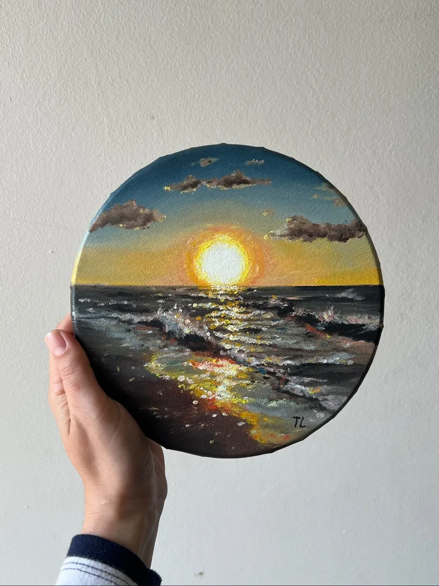 ORIGINAL OIL Painting Seascape Artwork Small Round - Image 1