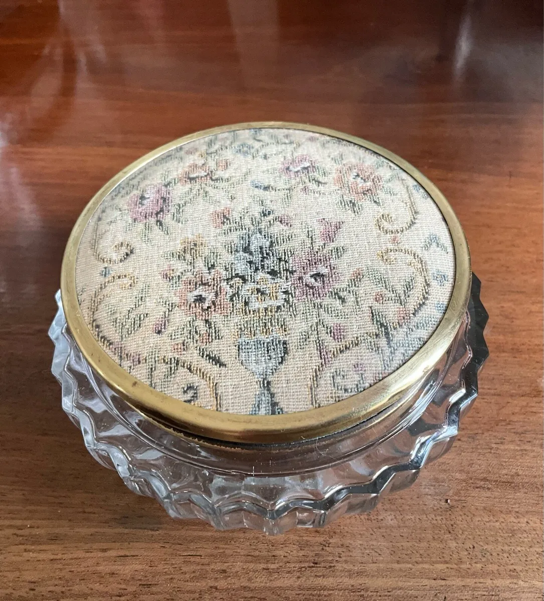 Vintage Glass Powder Jar - Brass/Embroidered Top - Image 1