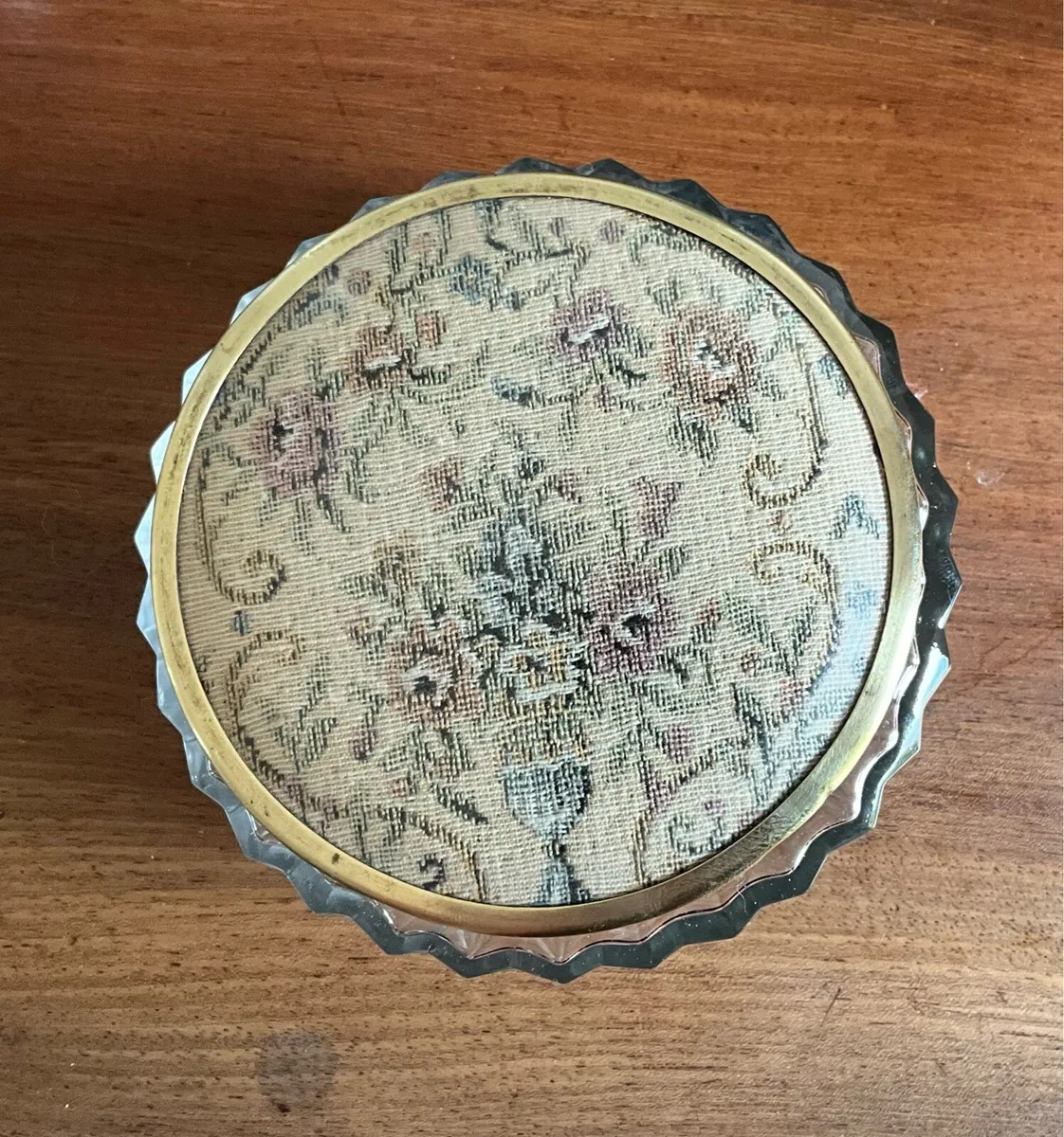 Vintage Glass Powder Jar - Brass/Embroidered Top - Image 3