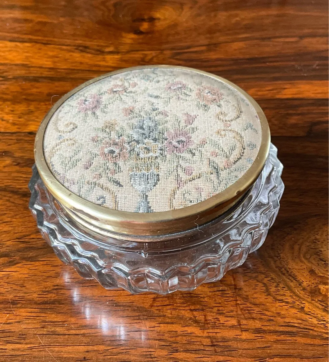 Vintage Glass Powder Jar - Brass/Embroidered Top - Image 4