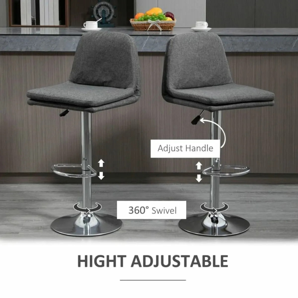 Stools Set of 2, Swivel Fabric Breakfast Barstools - Image 3