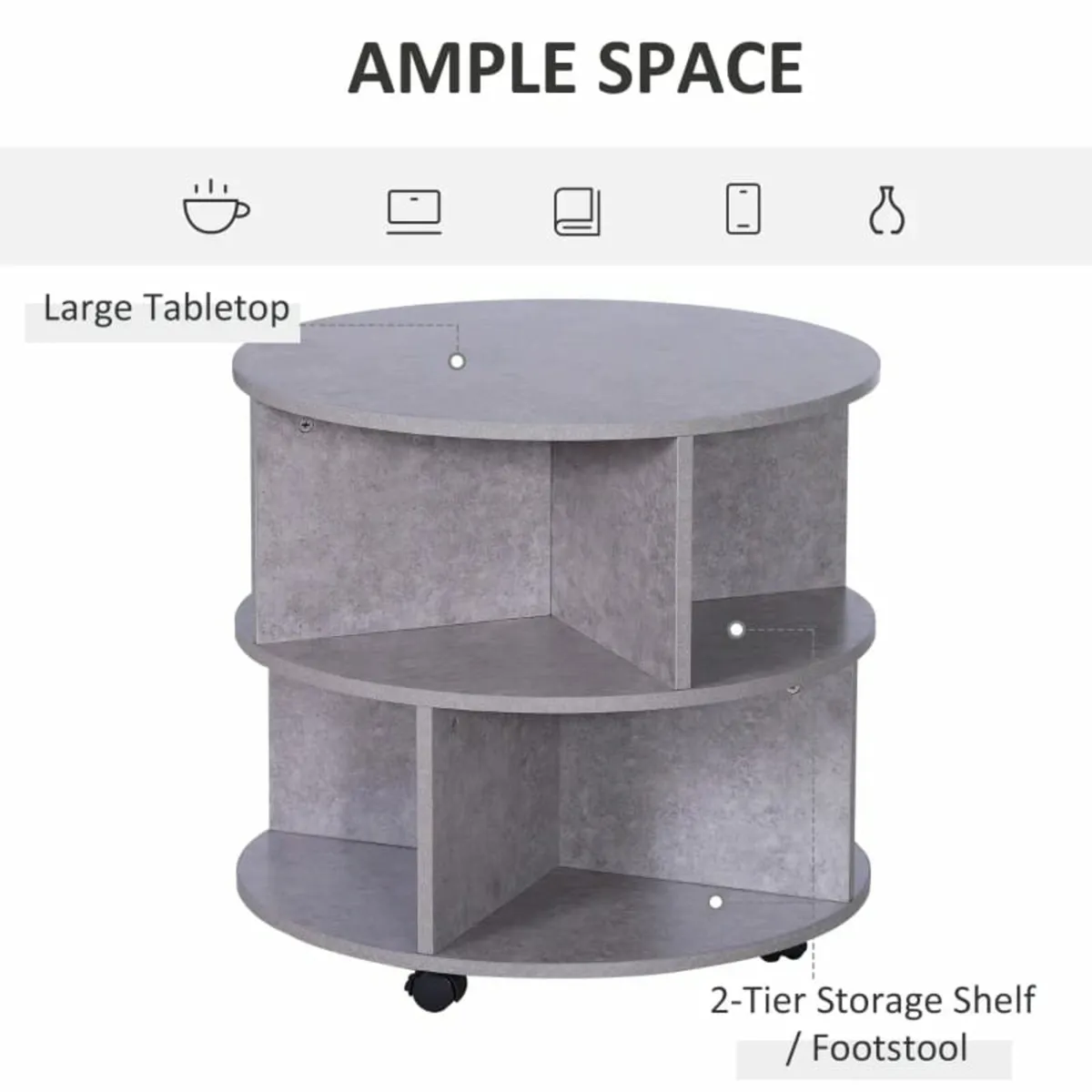 Coffee Table with Wheels, Round, with Storage, 2 T - Image 2