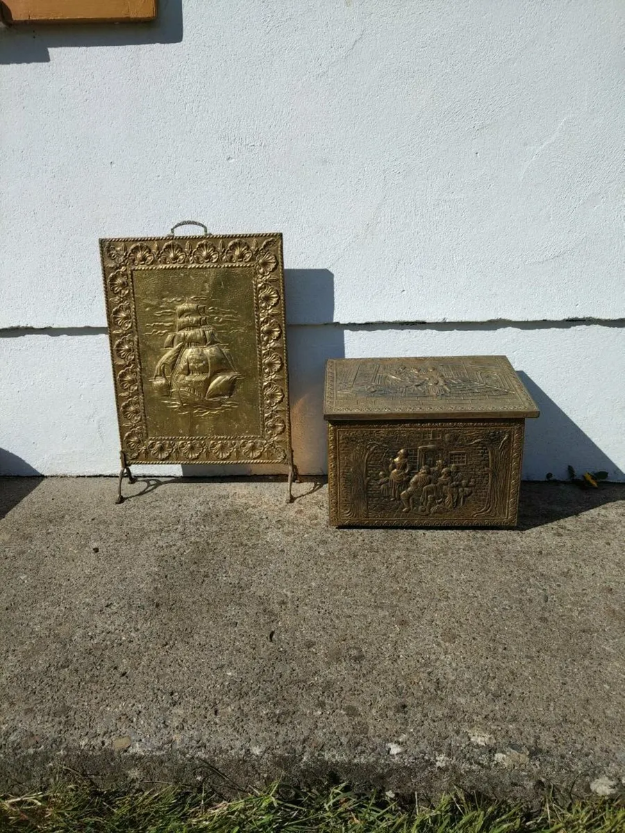 Antique brass Coalbox,and firescreen - Image 1
