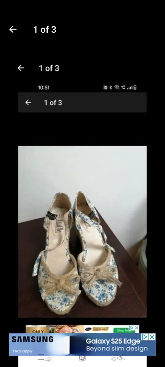 Ladies Truffle wedge sandles blue and white floral - Image 1