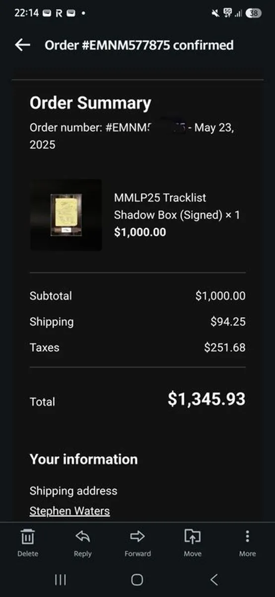 Eminem MMLP 25TH Anniversary Shadow box with Lyric Sheet And authentic signature. - Image 1