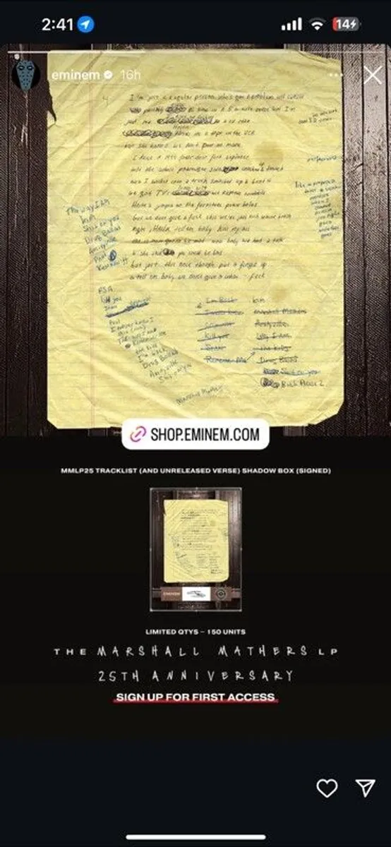Eminem MMLP 25TH Anniversary Shadow box with Lyric Sheet And authentic signature. - Image 2