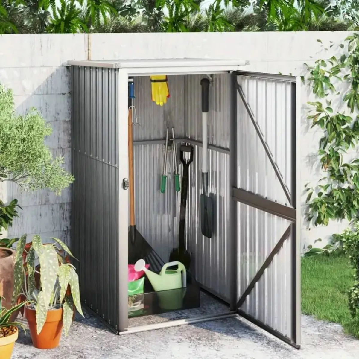 Durable Grey Galvanized Steel Garden Tool Shed - Image 1