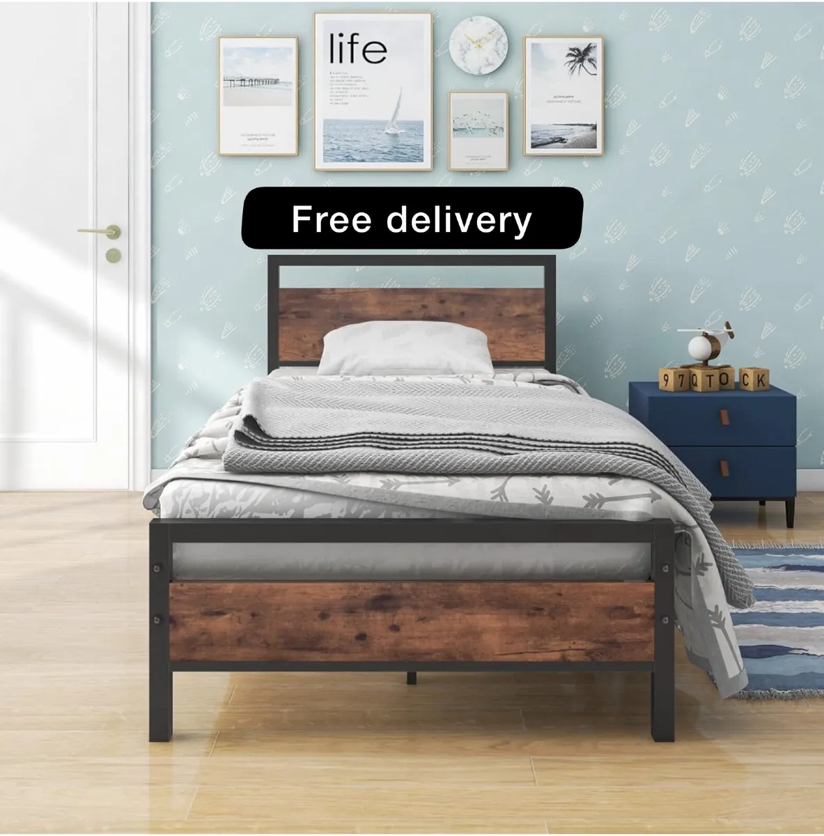 Single Bed Frames Solid Bedstead Base with Wood He - Image 1