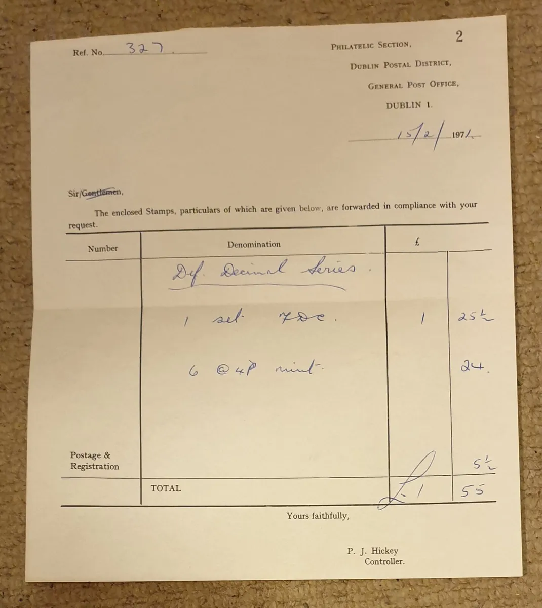 1971 GPO Philatelic Section Receipt & Stamps - Image 1