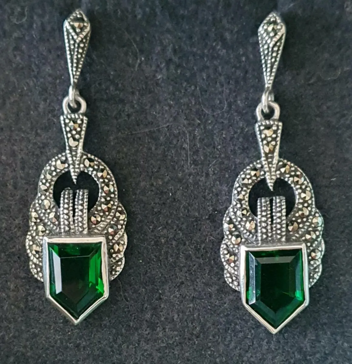 Silver, Marcasite & Emerald Earrings - Image 1