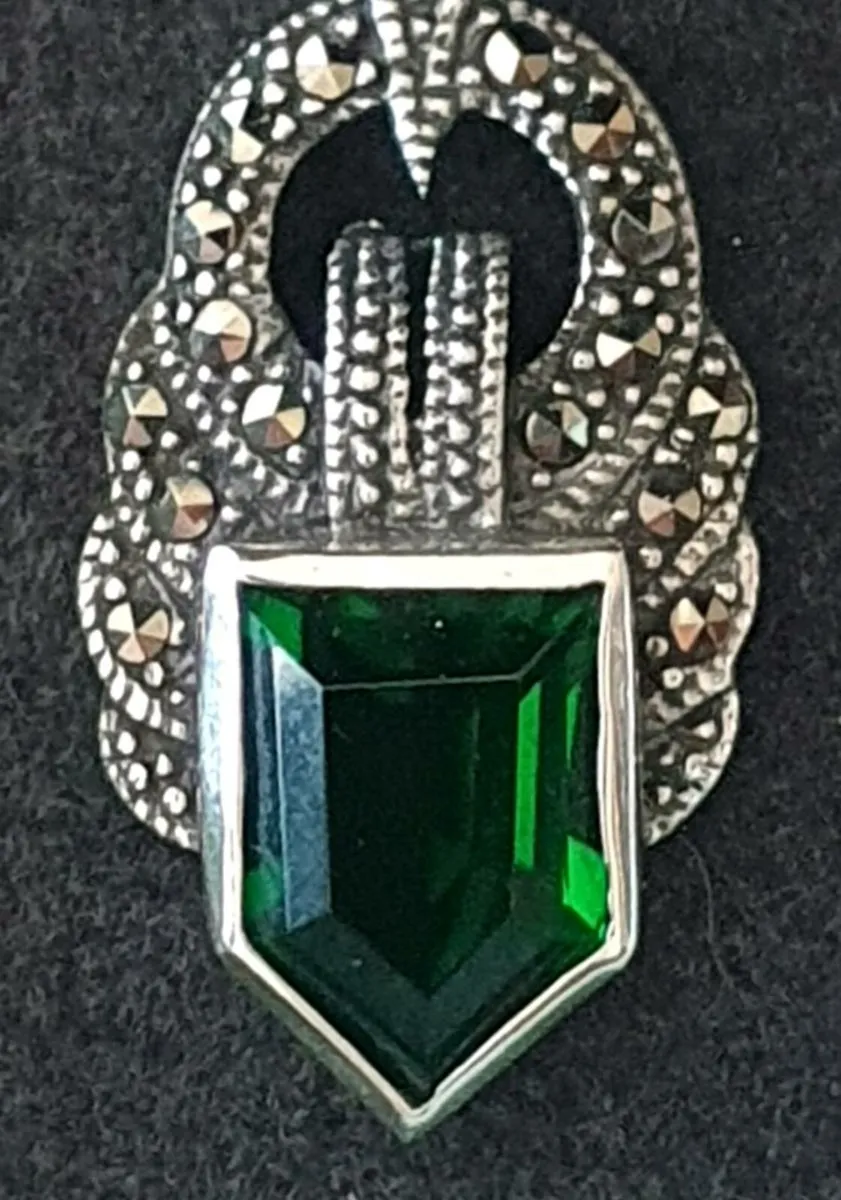 Silver, Marcasite & Emerald Earrings - Image 2