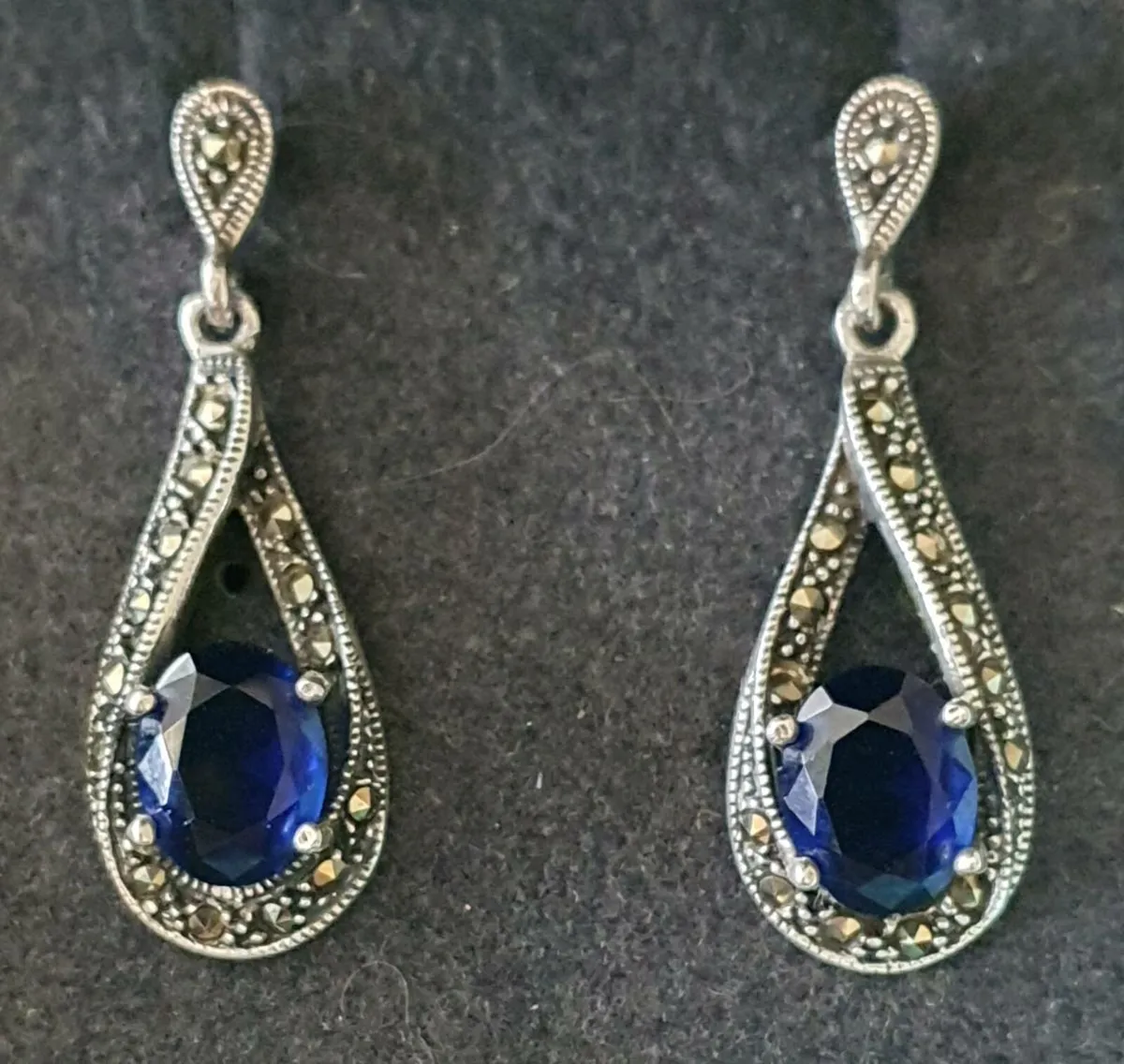 Silver, Marcasite and Sapphire Earrings - Image 1