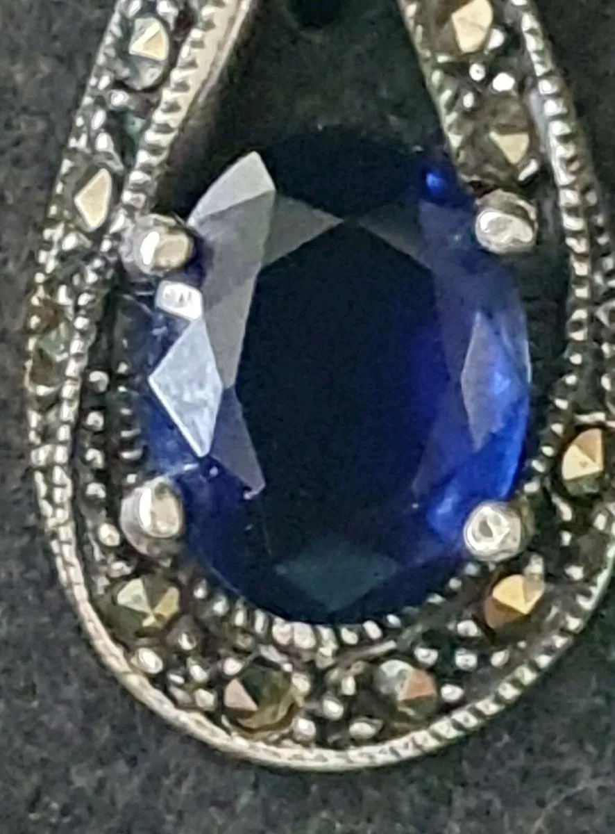 Silver, Marcasite and Sapphire Earrings - Image 2