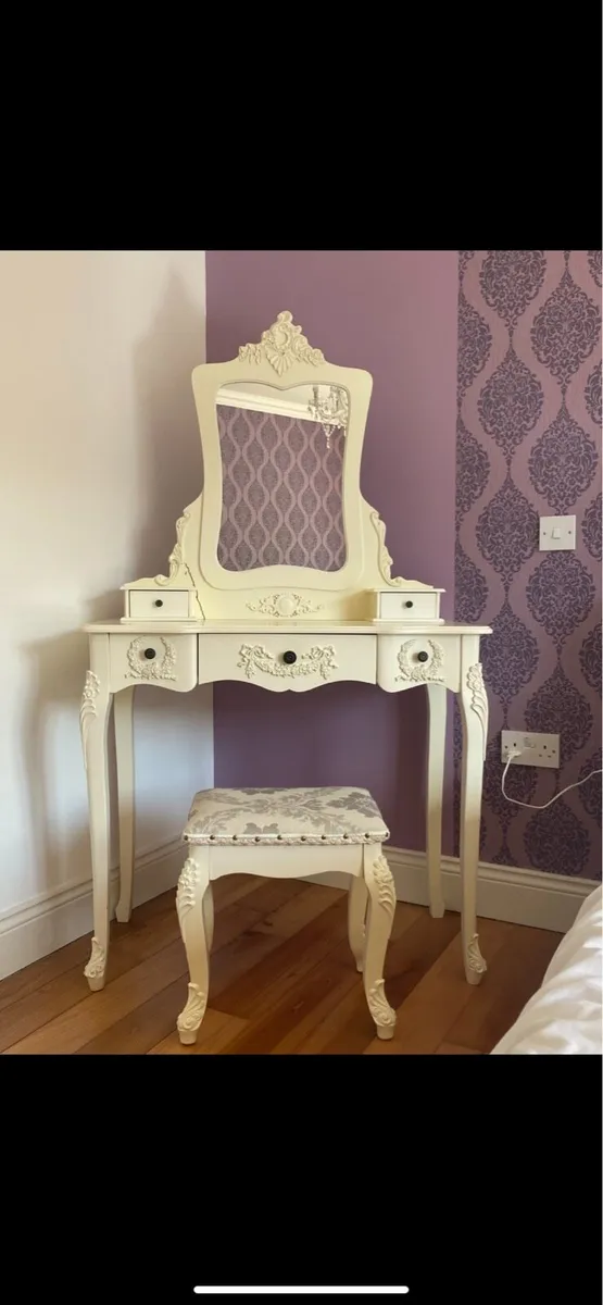 Vanity Table with Mirror, Drawers & Stool - Image 1