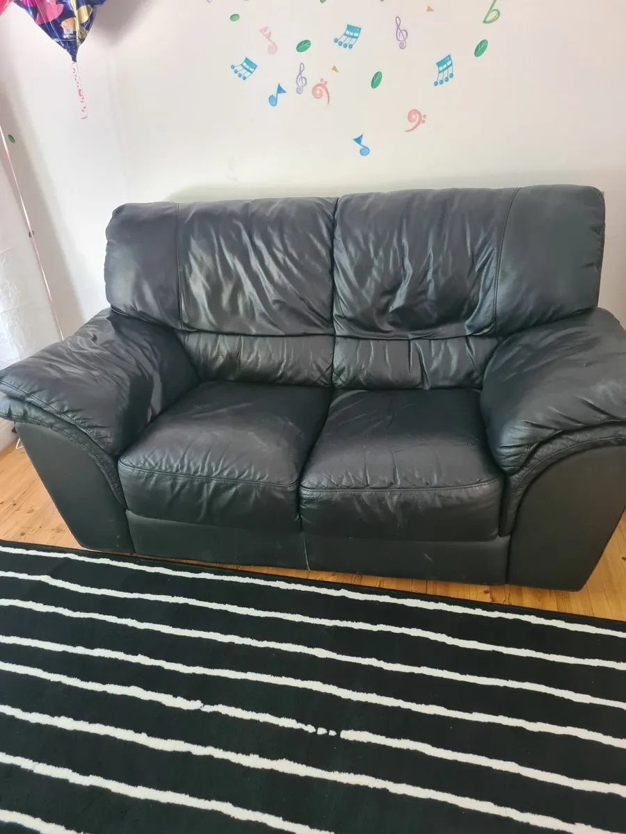 2 Seater black leather sofa - Image 1