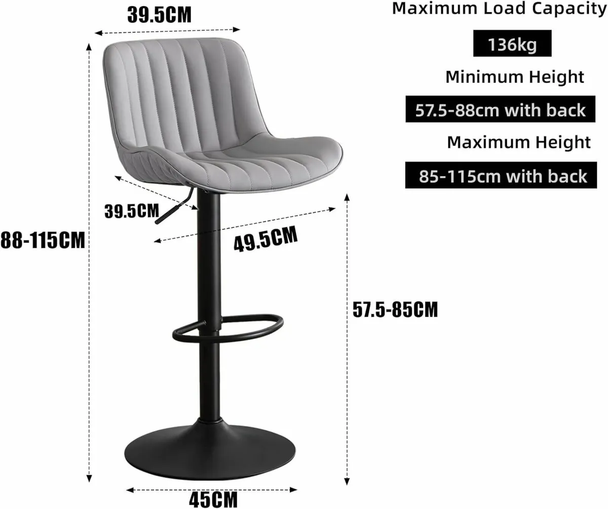 Bar Stools Set of 2 Grey PU Leather 360° Swivel - Image 3
