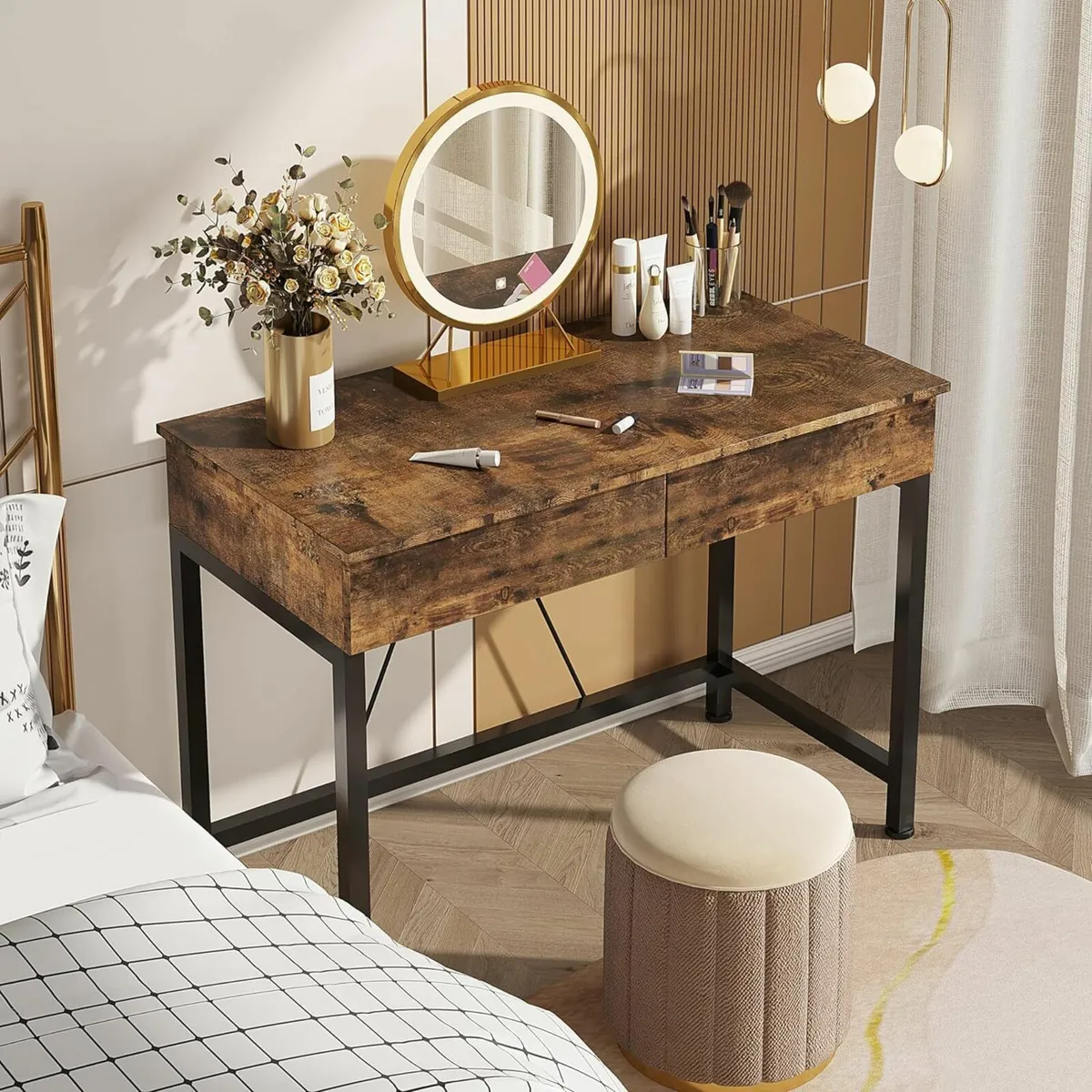 Computer Desk with Drawers, Dressing Table Brown - Image 2