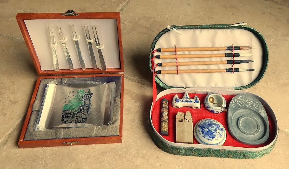 Chinese Calligraphy Set & Japanese Serving Dishes - Image 1