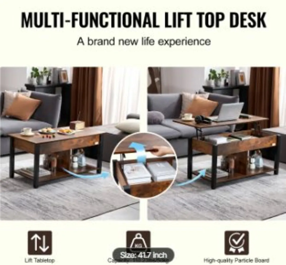 Lift Top Coffee Table 41.7" Rectangle - Image 2