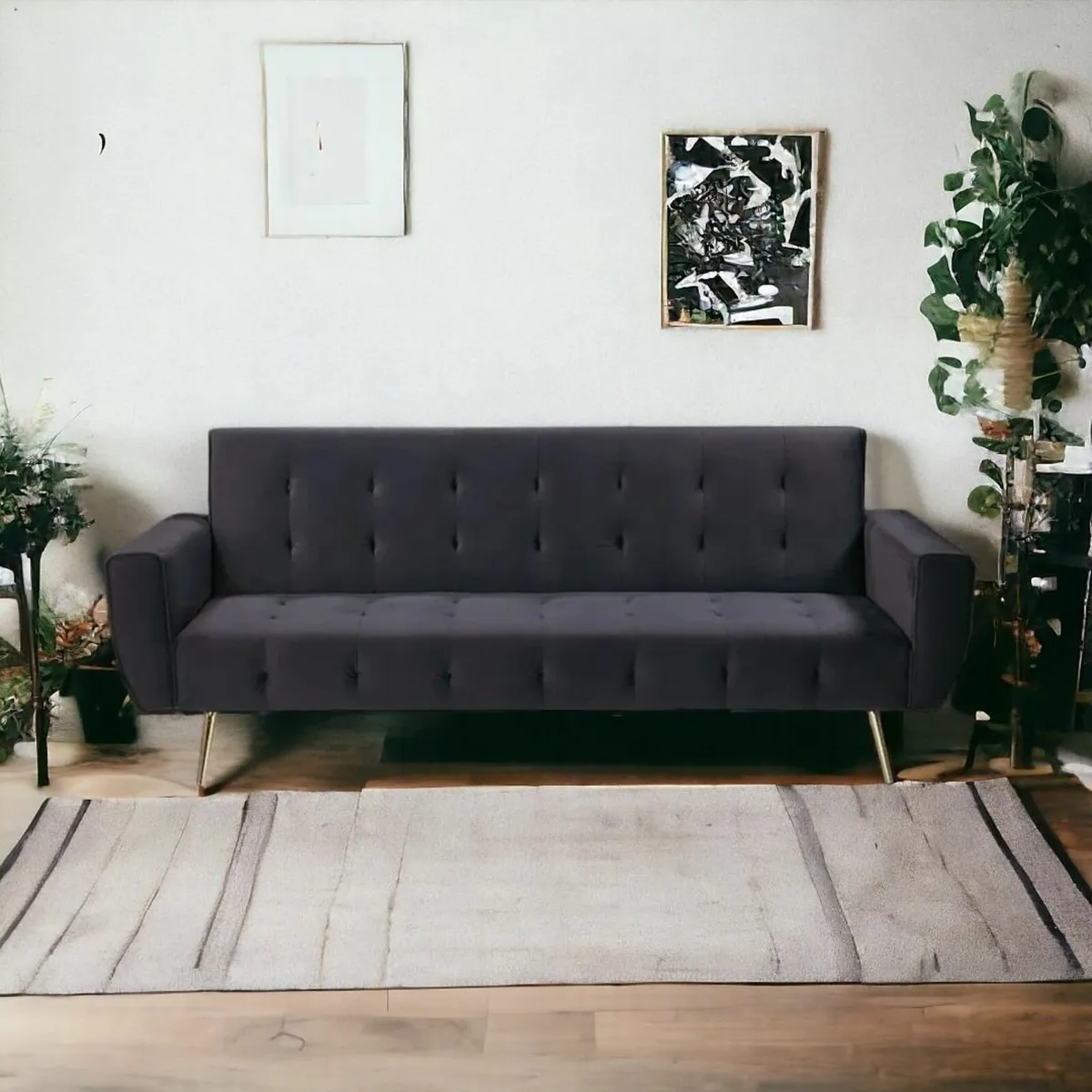 Black Sofa Bed with Golden Legs - Image 2