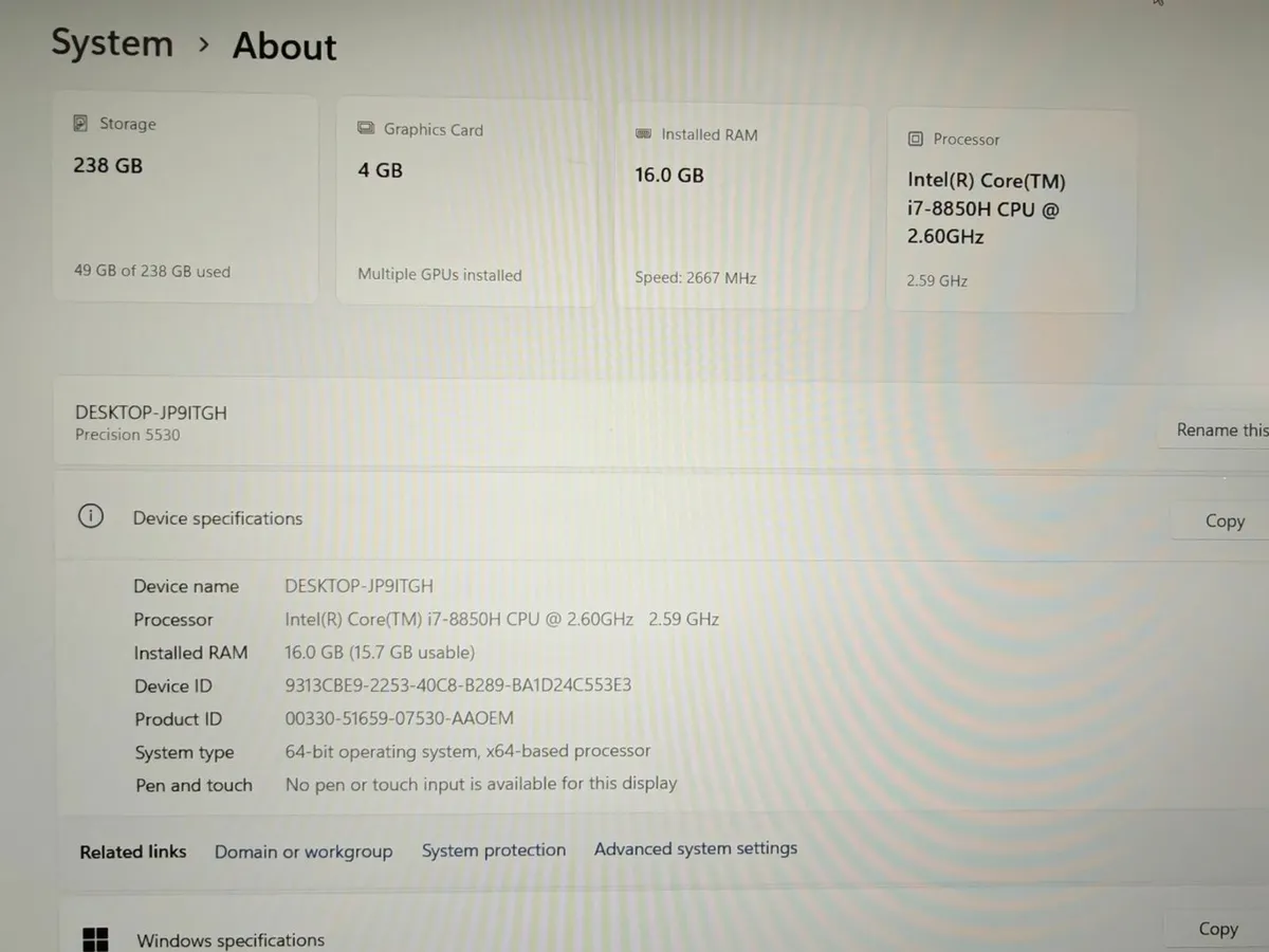 Dell Precision 5530 | i7 | 16GB | 252GB | 15.6" FH - Image 2