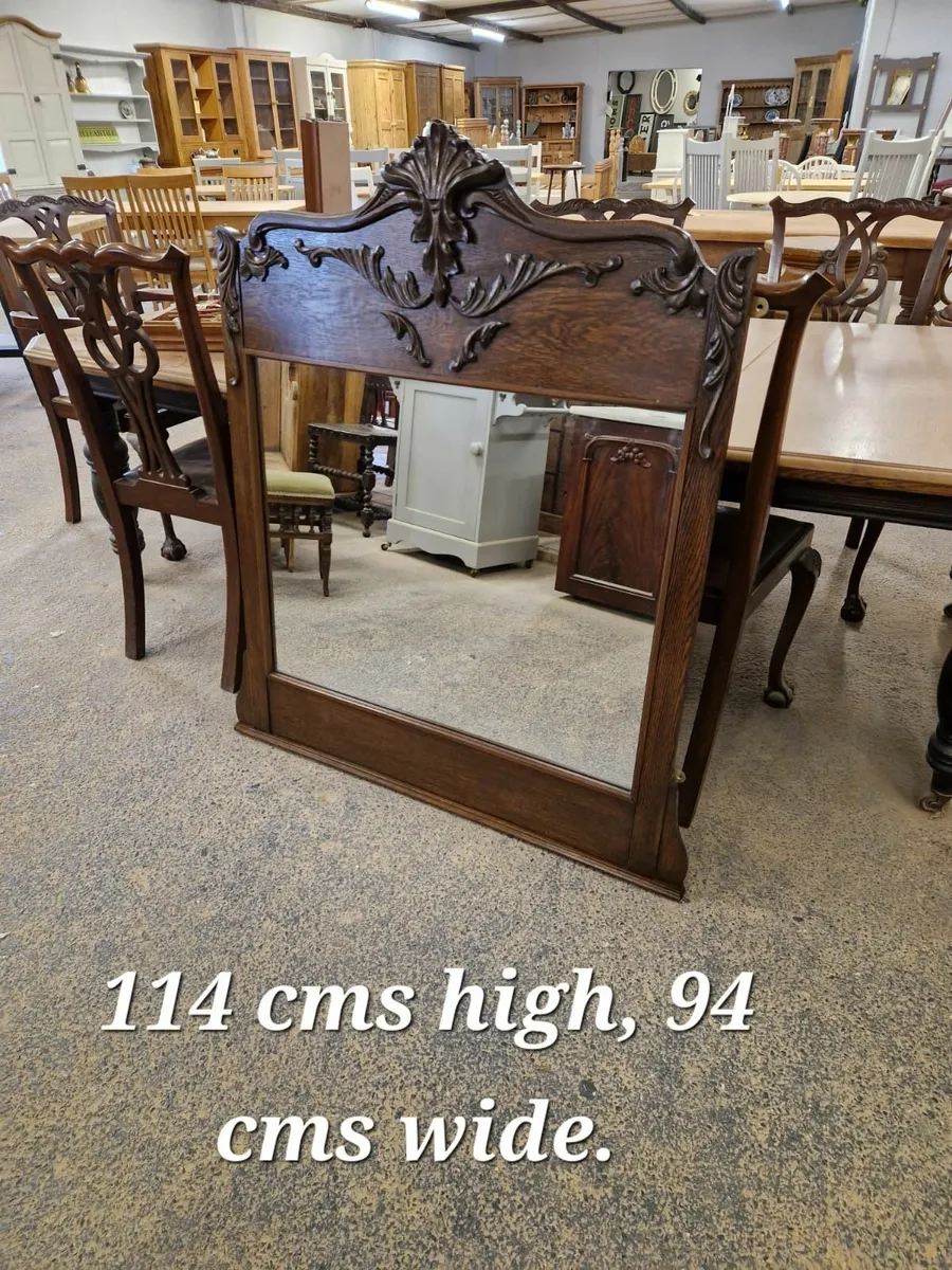 Large early 1900s  carved oak overmantle mirror - Image 1
