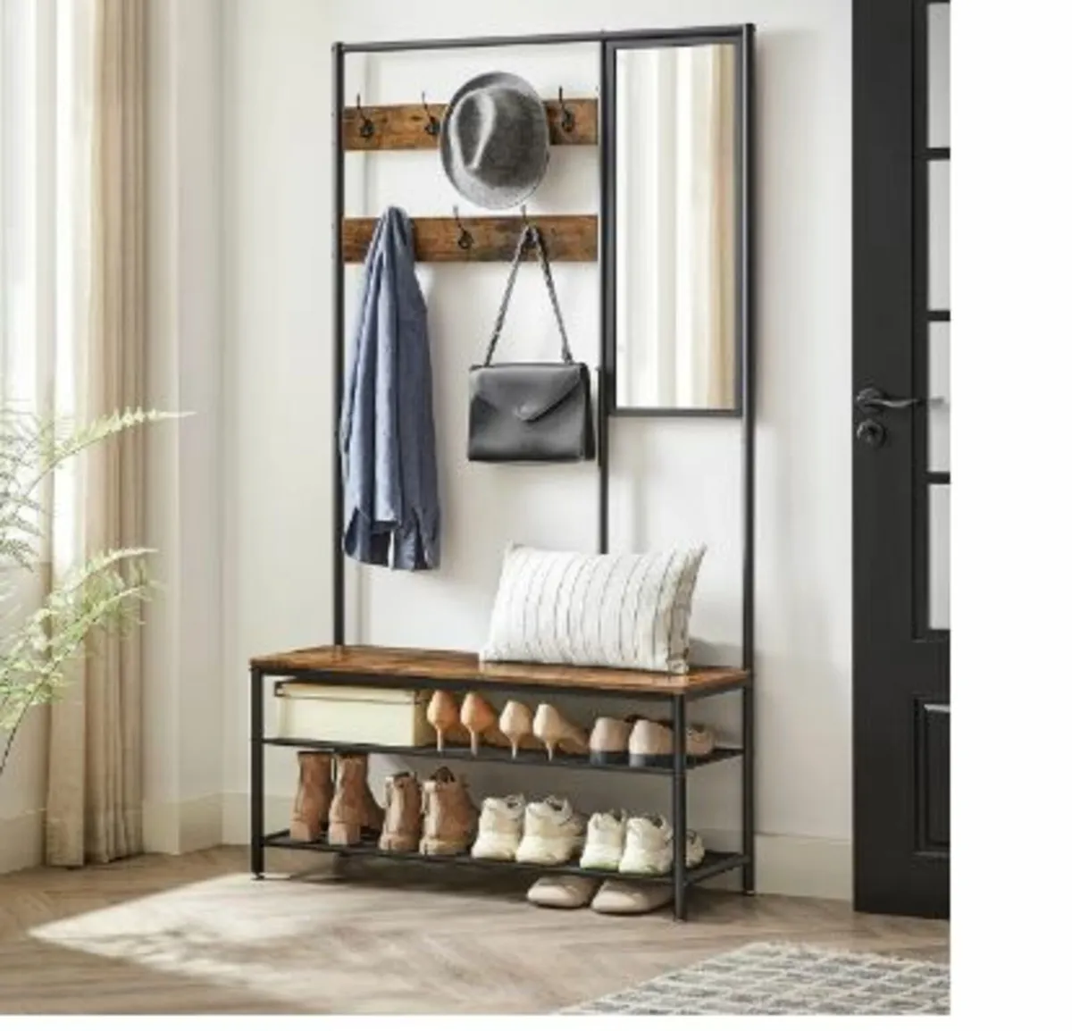 Coat Rack with Hooks Mirror Bench - Image 3