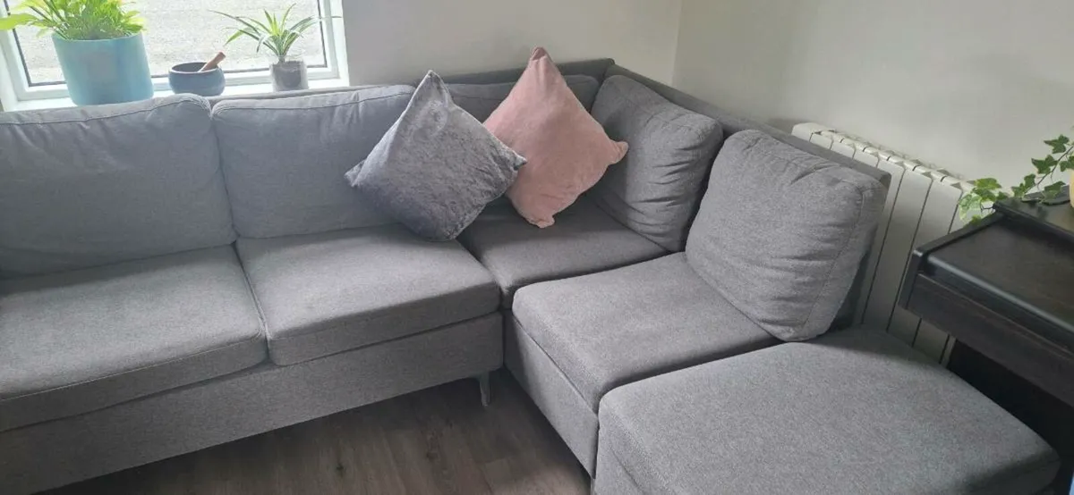 L-shaped Grey Couch and Foot Stool - Image 1