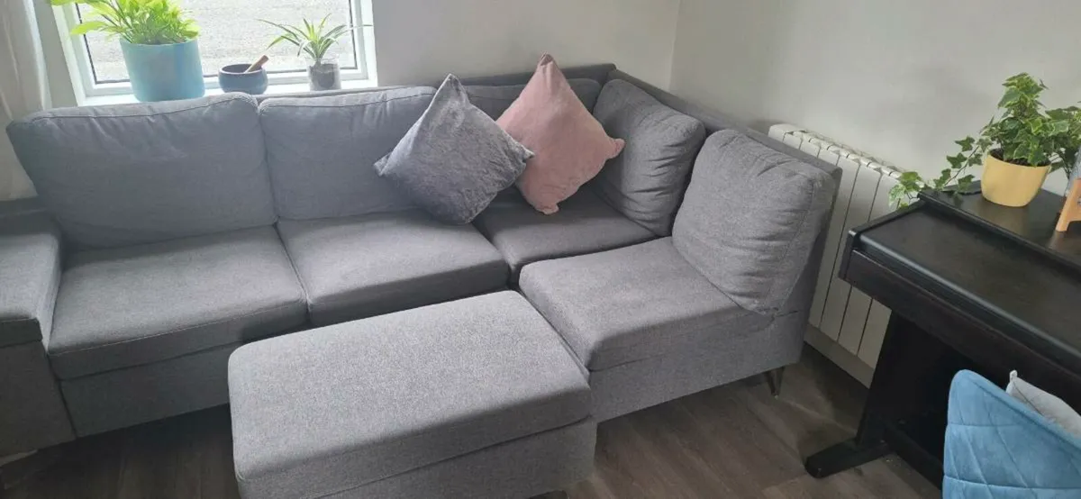 L-shaped Grey Couch and Foot Stool - Image 2