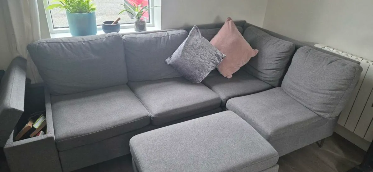 L-shaped Grey Couch and Foot Stool - Image 3