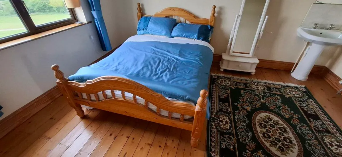 Double pine  bed with mattress - Image 2
