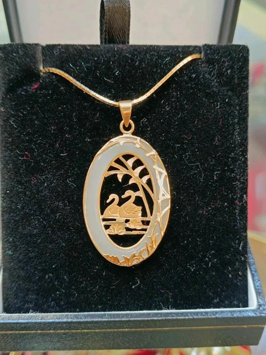 14k Gold & Untreated Jade Necklace Swans