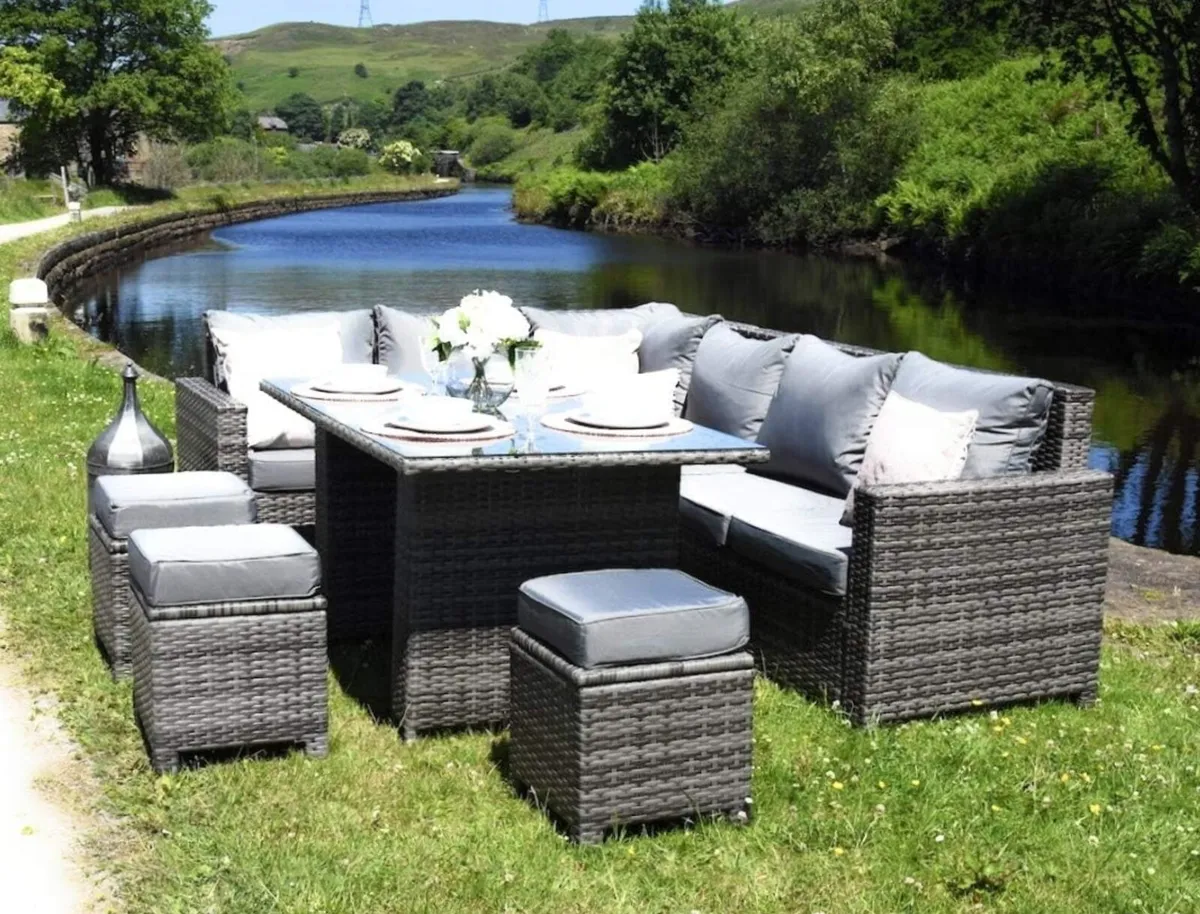 Corner Garden Sofa Set | Rattan | Table + Poufs - Image 1