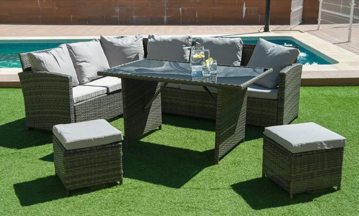Corner Garden Sofa Set | Rattan | Table + Poufs - Image 2