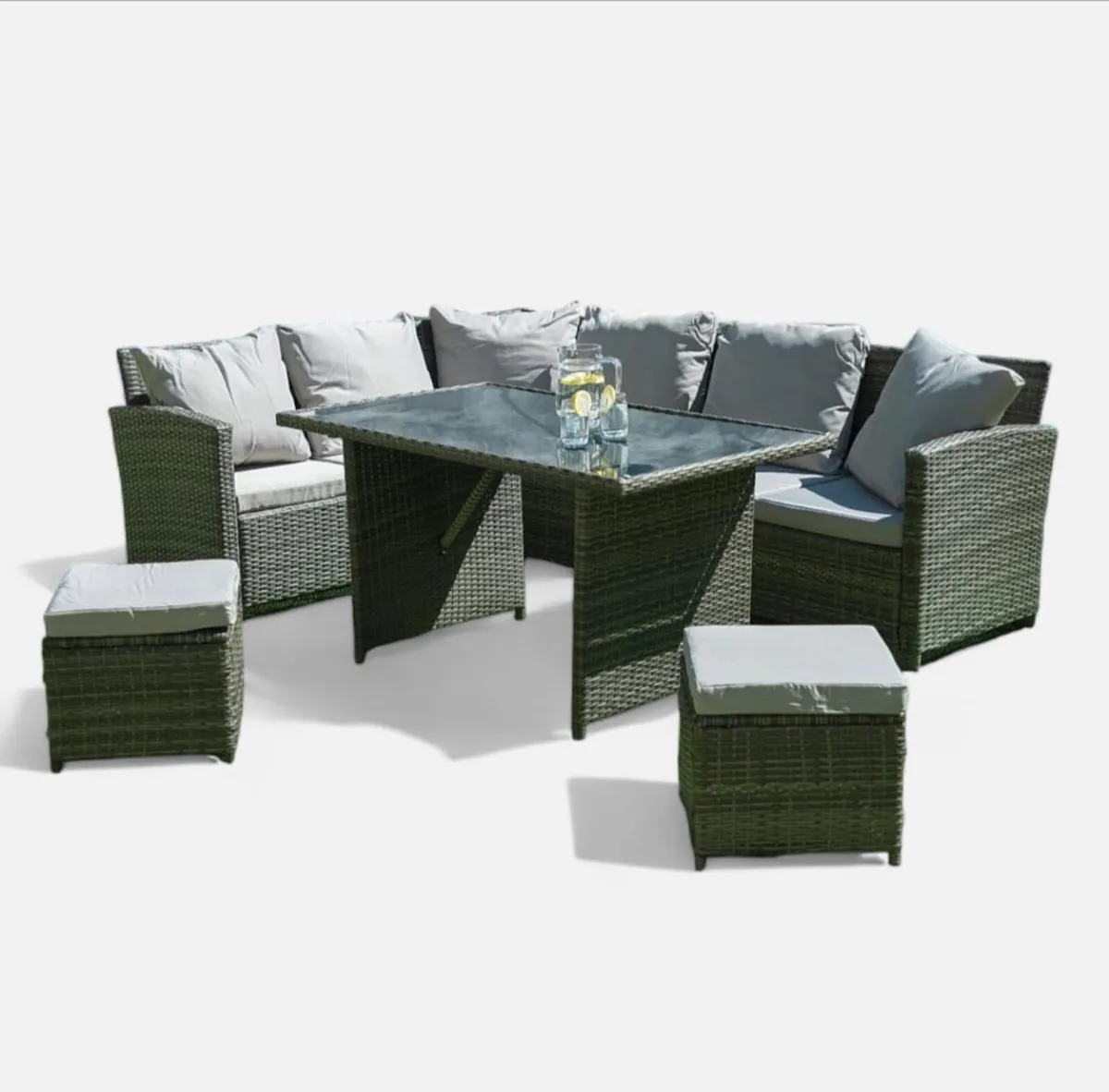 Corner Garden Sofa Set | Rattan | Table + Poufs - Image 1