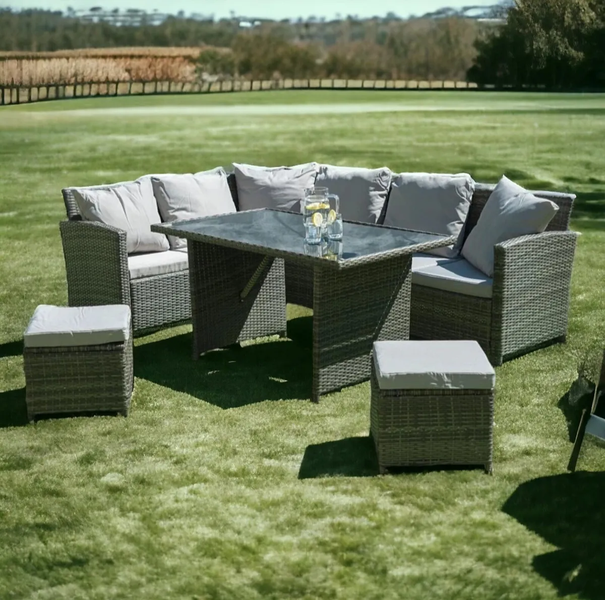 Corner Garden Sofa Set | Rattan | Table + Poufs - Image 3
