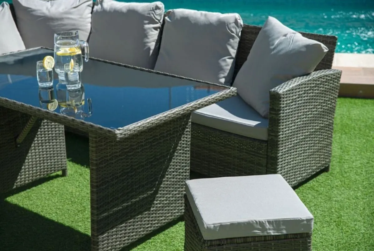 Outdoor Rattan Sofa Set with Table & 2 Poufs - Image 2