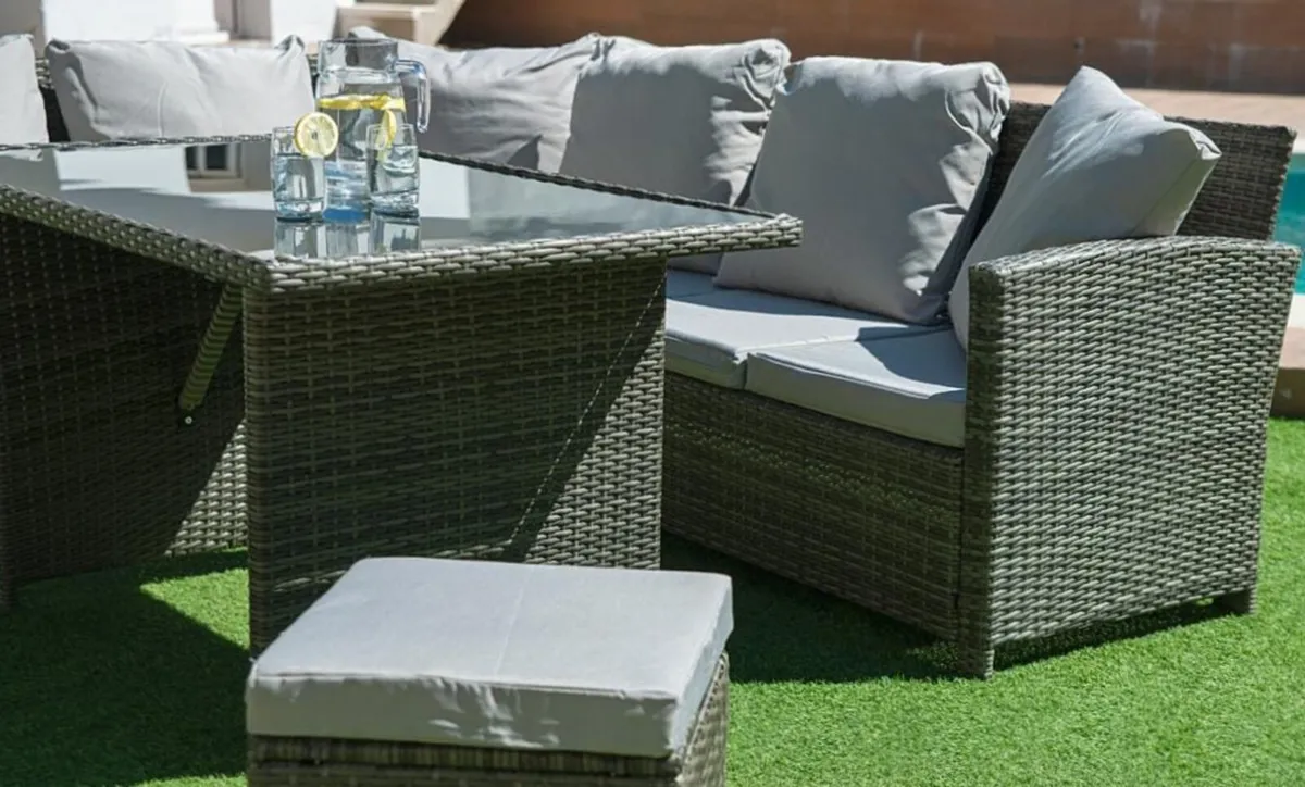 Outdoor Rattan Sofa Set with Table & 2 Poufs - Image 3