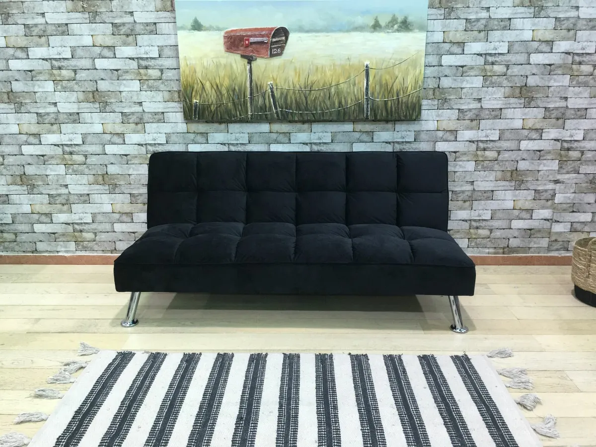 Black Modern Folding 3 Seater Fabric Sofa Bed - Image 1