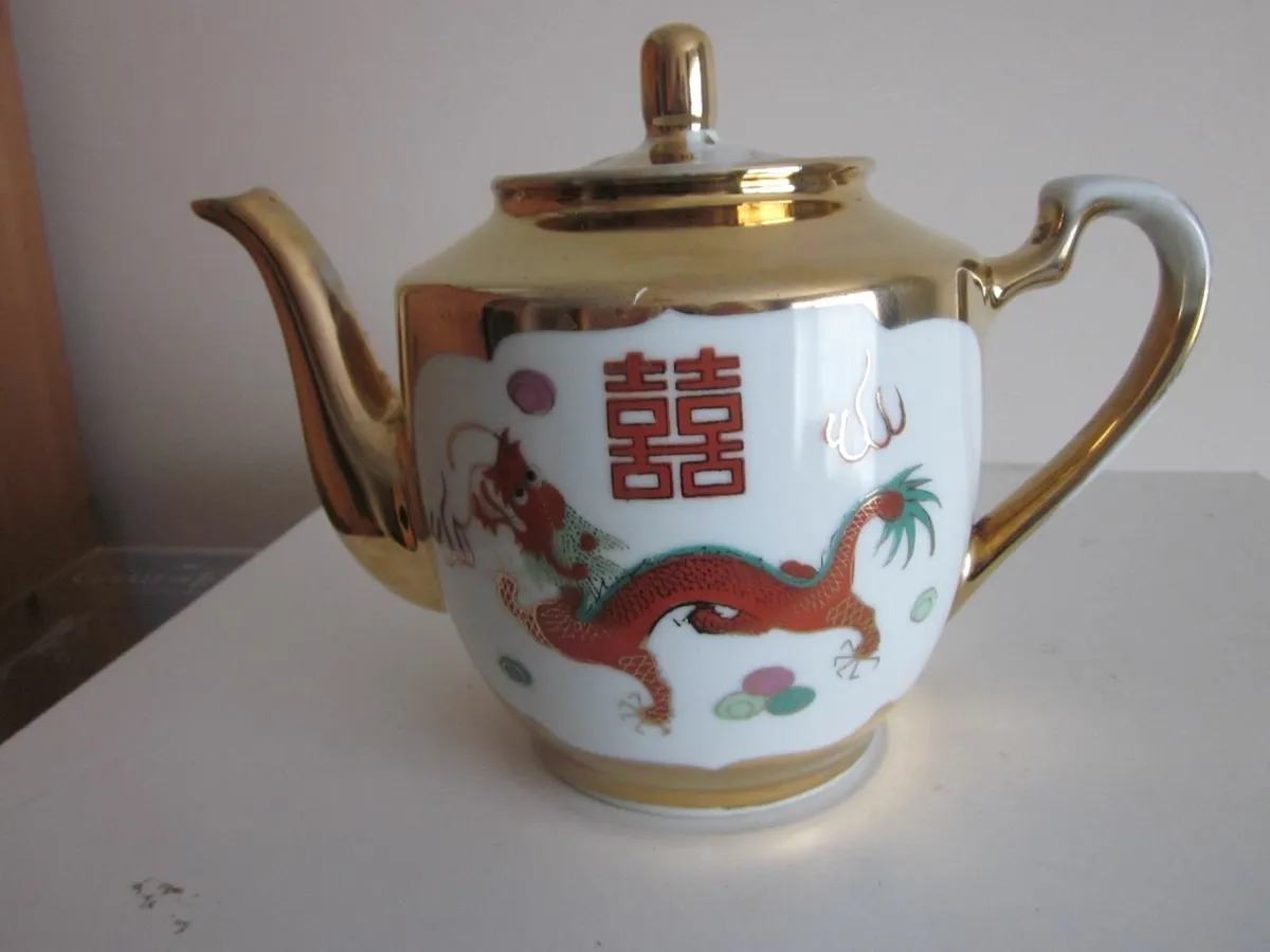 Chinese Phoenix/Dragon Gold Trim PorcelainTeapot 1 - Image 1