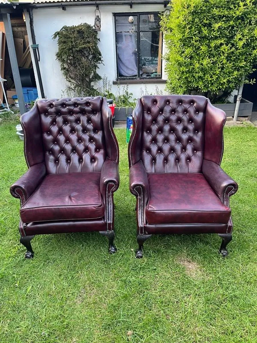 Chesterfield Wingback Armchairs in Rich Burgundy Leather - Image 1