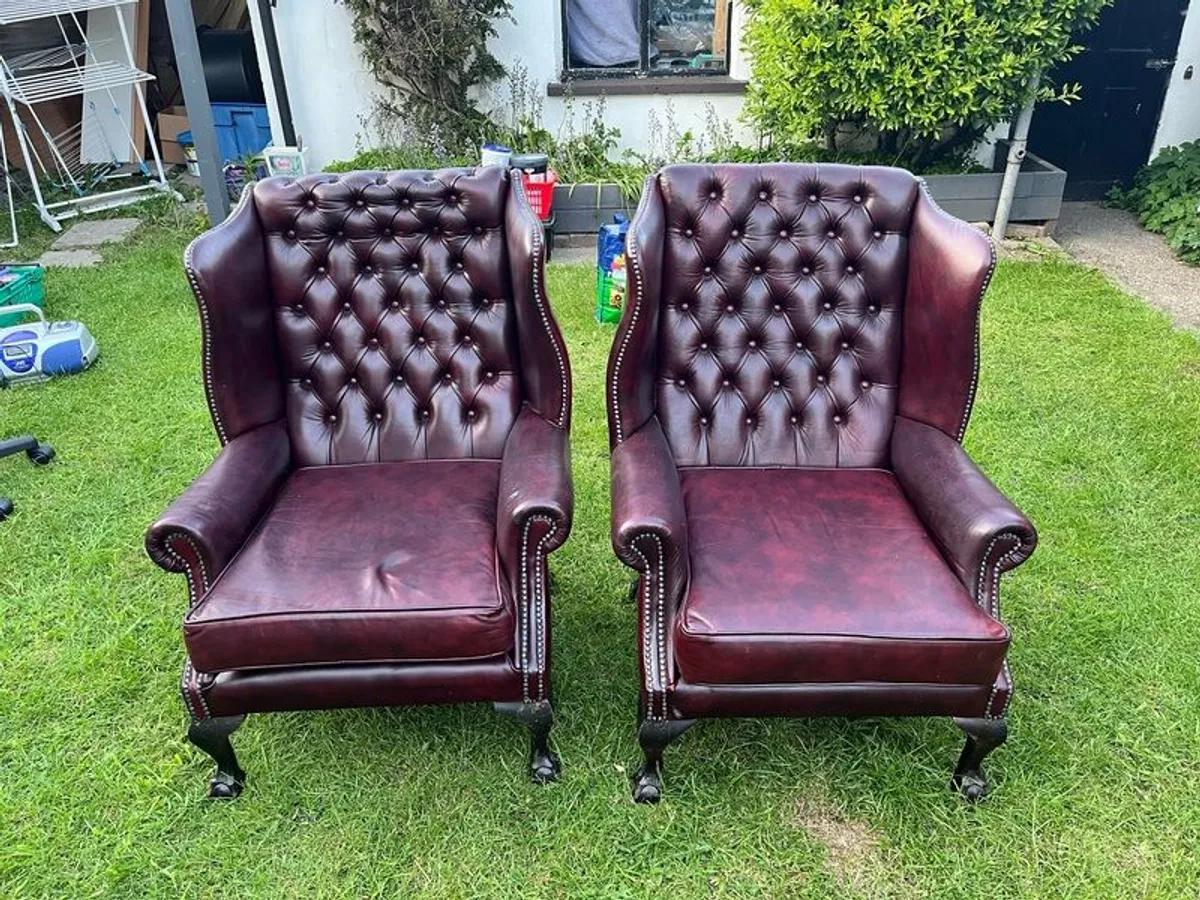 Chesterfield Wingback Armchairs in Rich Burgundy Leather - Image 2