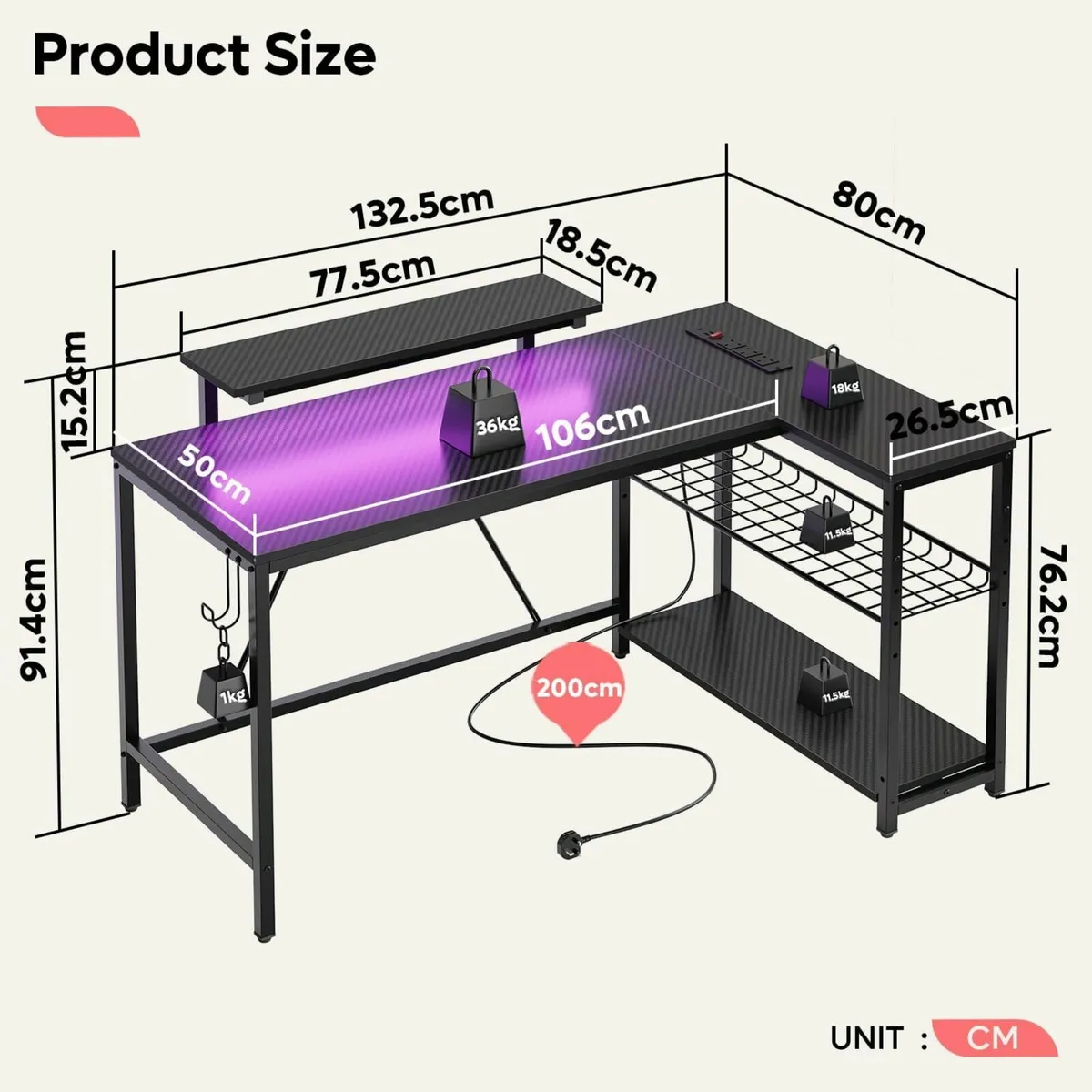 132.5 cm L-Shaped Workstation Office Gaming desk - Image 4